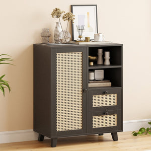 English Elm Rattan Cane Front Sideboard with Drawers Adjustable Shelf Bohemian Storage Cabinet Black T3623P434723