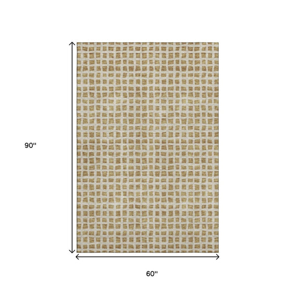 HomeRoots 5' X 8' Gold and Ivory Geometric Area Rug – Washable, UV Protected, Stylish for Homes with Kids & Pets 661505