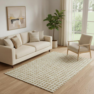 HomeRoots 5' X 8' Gold and Ivory Geometric Area Rug – Washable, UV Protected, Stylish for Homes with Kids & Pets 661505