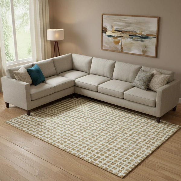 HomeRoots 8' X 10' Gold and Ivory Geometric Area Rug – Washable, UV-Protected, Stylish & Pet-Friendly Design 661507