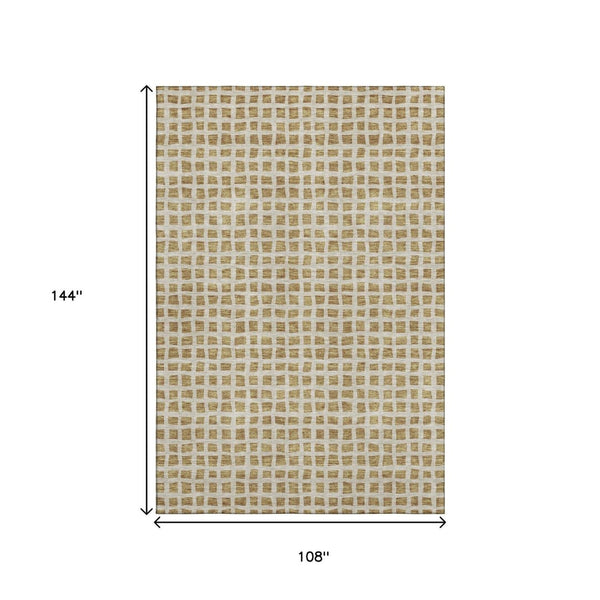 HomeRoots 9' X 12' Gold and Ivory Geometric Area Rug - Washable, UV Protected, Durable, Stylish for Any Space 661508