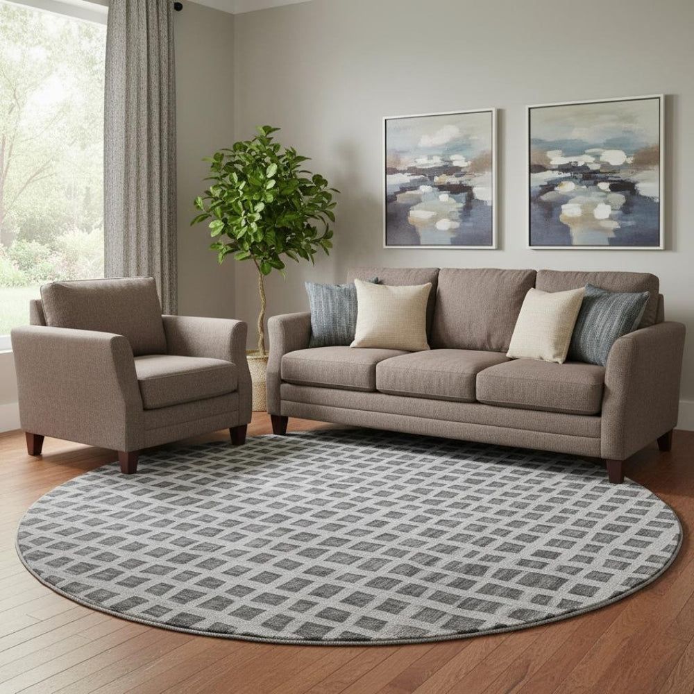HomeRoots 8' Graphite and Silver Geometric Round Rug – Washable, UV-Protected, Stylish & Durable for Any Room 661512