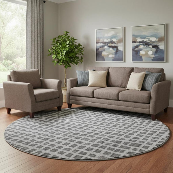 HomeRoots 8' Graphite and Silver Geometric Round Rug – Washable, UV-Protected, Stylish & Durable for Any Room 661512