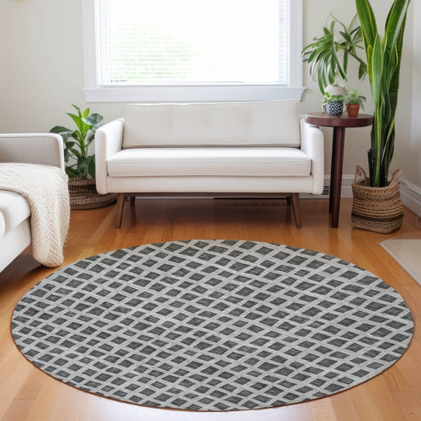 HomeRoots 8' Graphite and Silver Geometric Round Rug – Washable, UV-Protected, Stylish & Durable for Any Room 661512