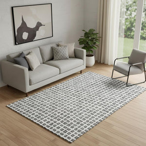 HomeRoots 5' X 8' Gray And Silver Geometric Area Rug – Washable, UV-Protected, Modern Design for Any Space 661517