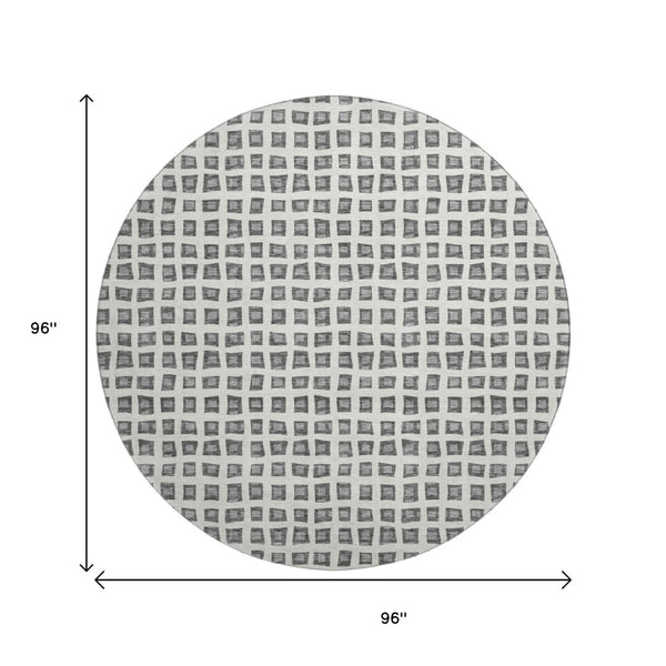 HomeRoots 8' Gray and Silver Geometric Round Rug - Washable, UV-Protected, Stylish, Durable for High-Traffic Areas 661518