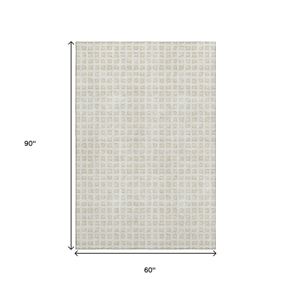 HomeRoots 5' X 8' Ivory and Beige Geometric Area Rug – Washable, UV-Protected, Ideal for Homes with Kids & Pets 661523