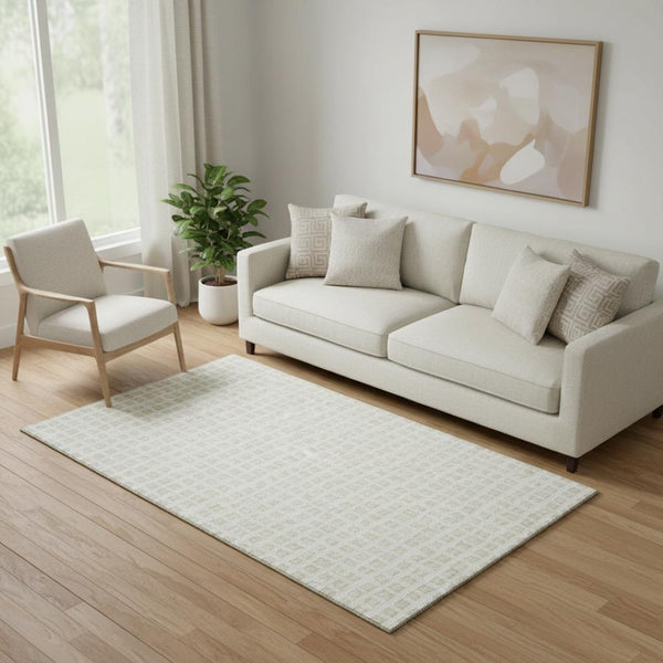 HomeRoots 5' X 8' Ivory and Beige Geometric Area Rug – Washable, UV-Protected, Ideal for Homes with Kids & Pets 661523