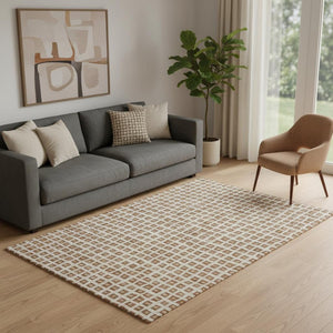 HomeRoots 5' X 8' Stylish Rust Copper & Beige Geometric Area Rug - Washable, UV Protected, Perfect for Families 661535