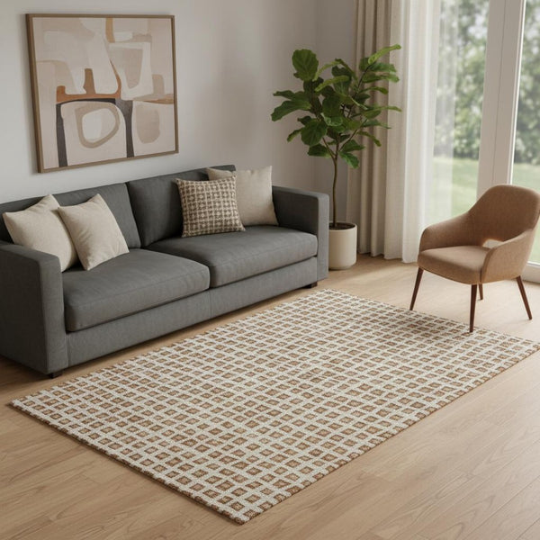 HomeRoots 5' X 8' Stylish Rust Copper & Beige Geometric Area Rug - Washable, UV Protected, Perfect for Families 661535