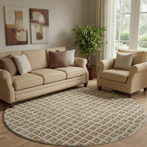 HomeRoots 8' Washable Round Rug in Rust, Copper & Beige - Modern Geometric Design with UV Protection & Durability 661536