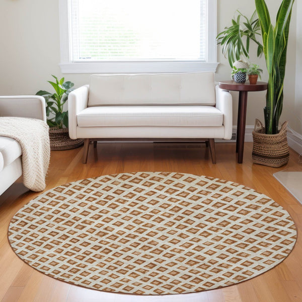 HomeRoots 8' Washable Round Rug in Rust, Copper & Beige - Modern Geometric Design with UV Protection & Durability 661536