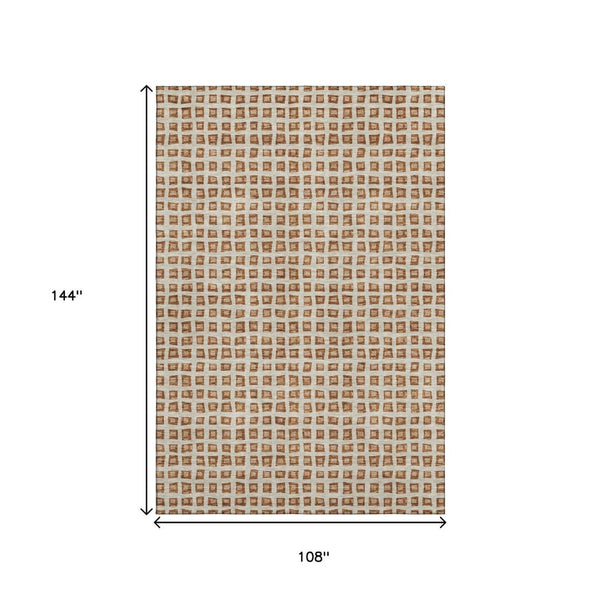 HomeRoots 9' X 12' Geometric Area Rug in Rust Copper & Beige - Washable, Stain-Resistant, UV Protected Elegance 661538