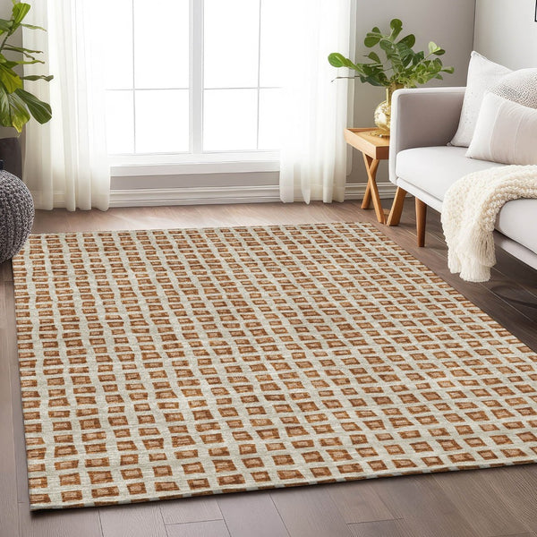 HomeRoots 9' X 12' Geometric Area Rug in Rust Copper & Beige - Washable, Stain-Resistant, UV Protected Elegance 661538