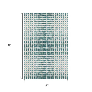 HomeRoots 5' X 8' Teal And Ivory Geometric Area Rug - Washable, UV Protected, Stylish & Durable for Homes 661541