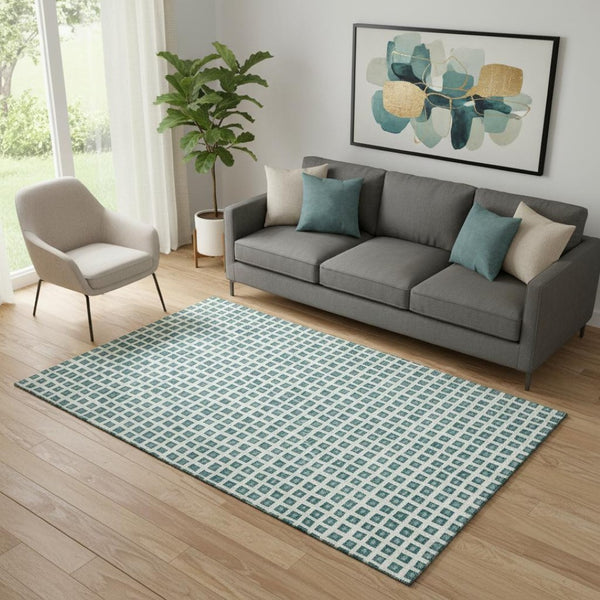 HomeRoots 5' X 8' Teal And Ivory Geometric Area Rug - Washable, UV Protected, Stylish & Durable for Homes 661541