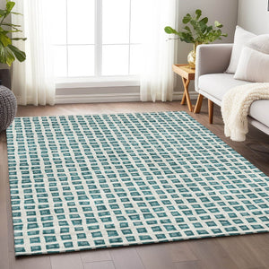 HomeRoots 5' X 8' Teal And Ivory Geometric Area Rug - Washable, UV Protected, Stylish & Durable for Homes 661541
