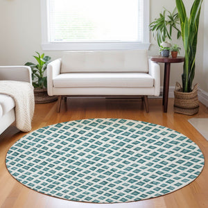 HomeRoots 8' Teal And Ivory Geometric Washable Round Rug – Durable, Stain Resistant, UV Protected for Modern Spaces 661542