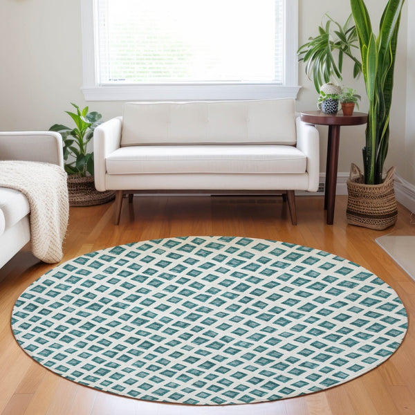 HomeRoots 8' Teal And Ivory Geometric Washable Round Rug – Durable, Stain Resistant, UV Protected for Modern Spaces 661542