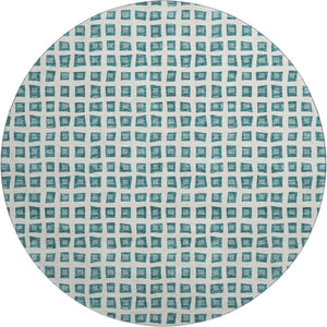 HomeRoots 8' Teal And Ivory Geometric Washable Round Rug – Durable, Stain Resistant, UV Protected for Modern Spaces 661542