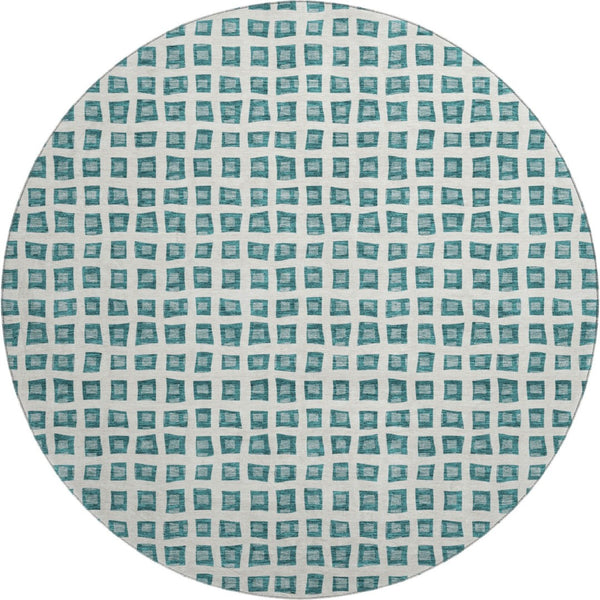 HomeRoots 8' Teal And Ivory Geometric Washable Round Rug – Durable, Stain Resistant, UV Protected for Modern Spaces 661542