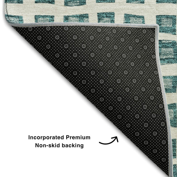 HomeRoots 8' Teal And Ivory Geometric Washable Round Rug – Durable, Stain Resistant, UV Protected for Modern Spaces 661542