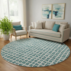 HomeRoots 8' Teal And Ivory Geometric Washable Round Rug – Durable, Stain Resistant, UV Protected for Modern Spaces 661542