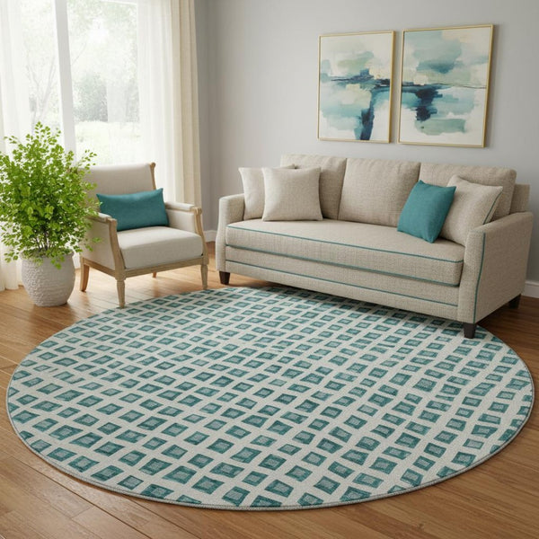HomeRoots 8' Teal And Ivory Geometric Washable Round Rug – Durable, Stain Resistant, UV Protected for Modern Spaces 661542