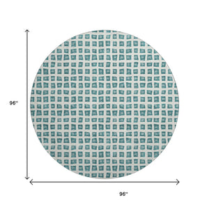 HomeRoots 8' Teal And Ivory Geometric Washable Round Rug – Durable, Stain Resistant, UV Protected for Modern Spaces 661542