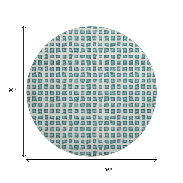 HomeRoots 8' Teal And Ivory Geometric Washable Round Rug – Durable, Stain Resistant, UV Protected for Modern Spaces 661542