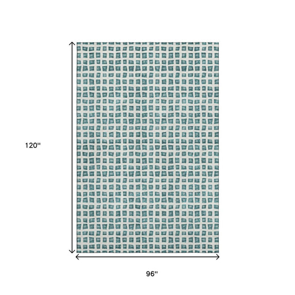 HomeRoots 8' X 10' Teal and Ivory Geometric Area Rug – Durable, Washable, UV-Protected for Stylish Spaces! 661543