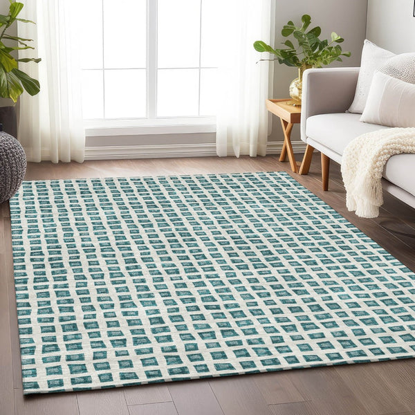 HomeRoots 8' X 10' Teal and Ivory Geometric Area Rug – Durable, Washable, UV-Protected for Stylish Spaces! 661543