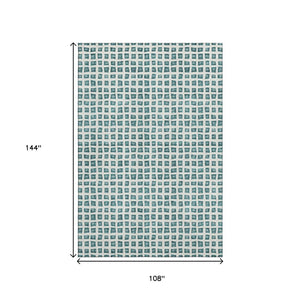 HomeRoots 9' X 12' Teal & Ivory Geometric Area Rug - Durable, Washable, UV-Protected for High-Traffic Spaces 661544