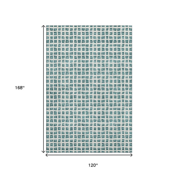 HomeRoots 10' Teal & Ivory Geometric Area Rug – Washable, Stain-Resistant, UV-Protected for High-Traffic Homes 661545