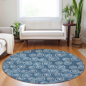 HomeRoots 8' Blue and Ivory Polka Dot Washable Round Rug - Durable, Stain-Resistant, UV Protected for All Spaces 661554