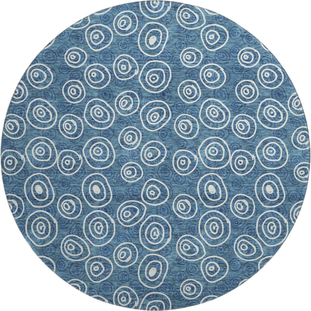 HomeRoots 8' Blue and Ivory Polka Dot Washable Round Rug - Durable, Stain-Resistant, UV Protected for All Spaces 661554