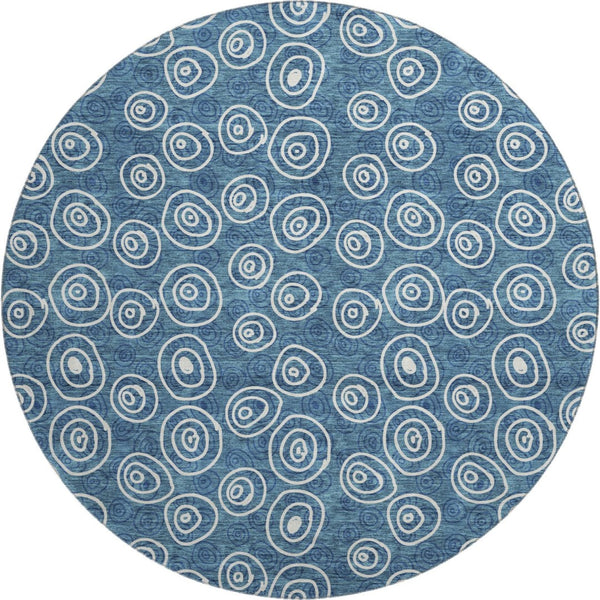 HomeRoots 8' Blue and Ivory Polka Dot Washable Round Rug - Durable, Stain-Resistant, UV Protected for All Spaces 661554