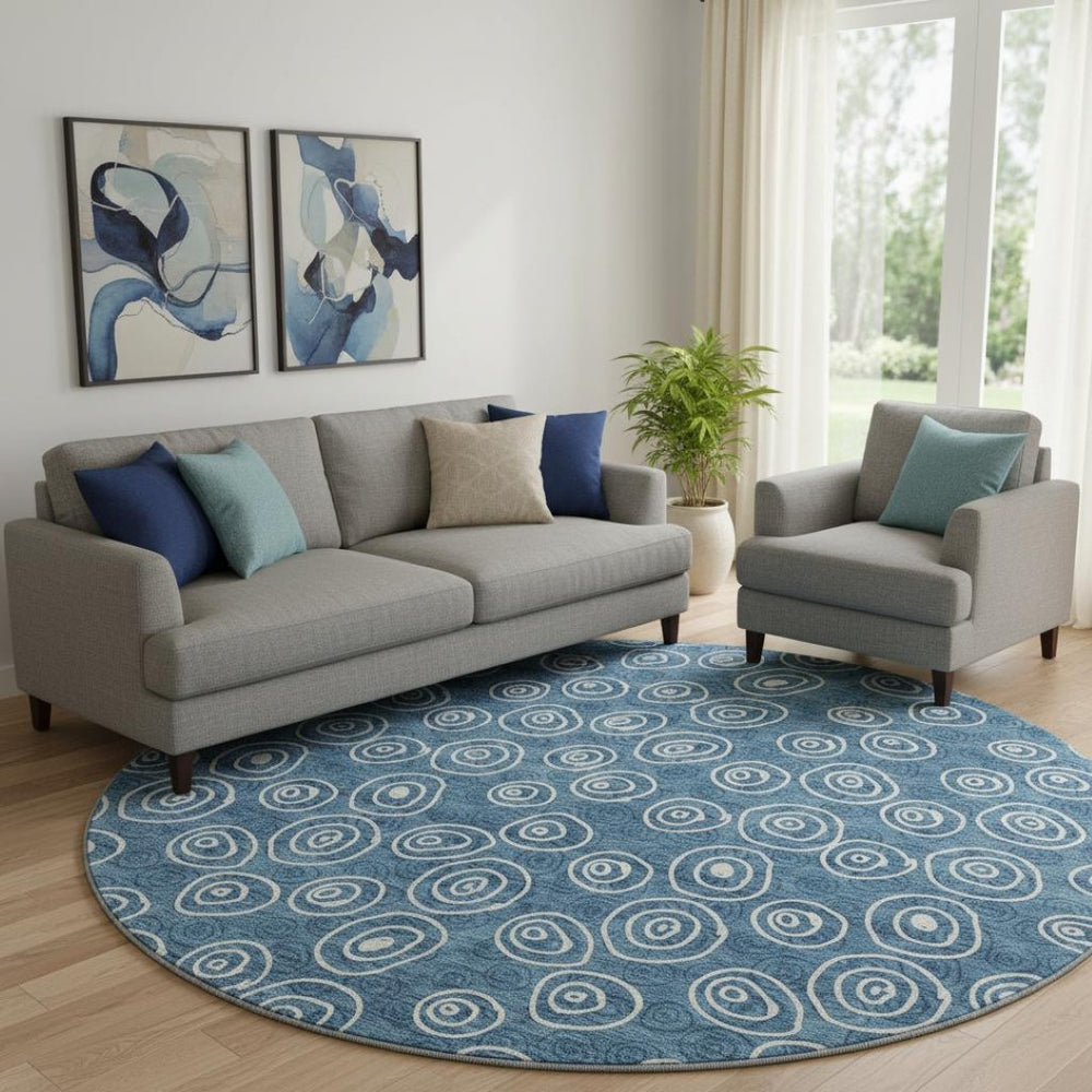 HomeRoots 8' Blue and Ivory Polka Dot Washable Round Rug - Durable, Stain-Resistant, UV Protected for All Spaces 661554