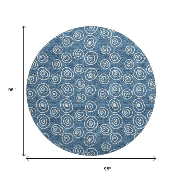 HomeRoots 8' Blue and Ivory Polka Dot Washable Round Rug - Durable, Stain-Resistant, UV Protected for All Spaces 661554