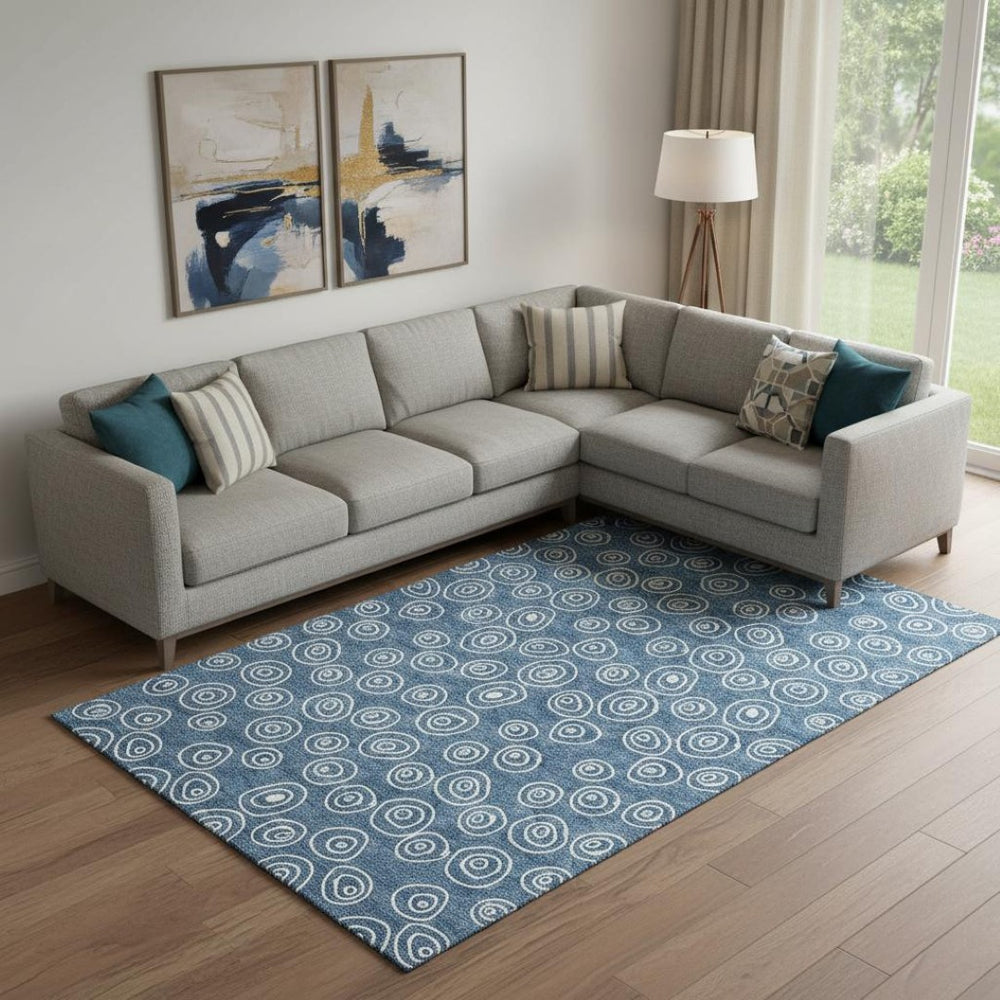 HomeRoots 9' X 12' Durable Blue & Ivory Polka Dot Area Rug - Washable, UV Protected, Perfect for Families & Pets! 661556