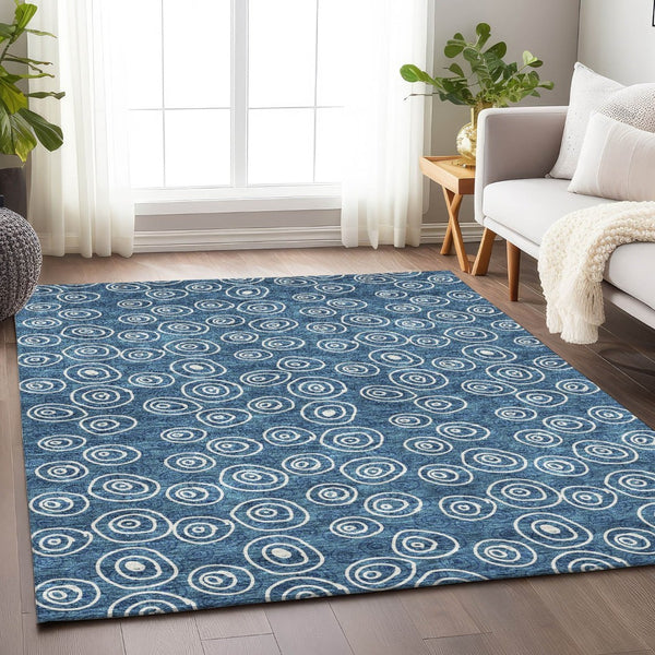 HomeRoots 10' Blue & Ivory Polka Dot Washable Area Rug - Durable, UV-Protected, Easy-Care Design for Family Spaces 661557