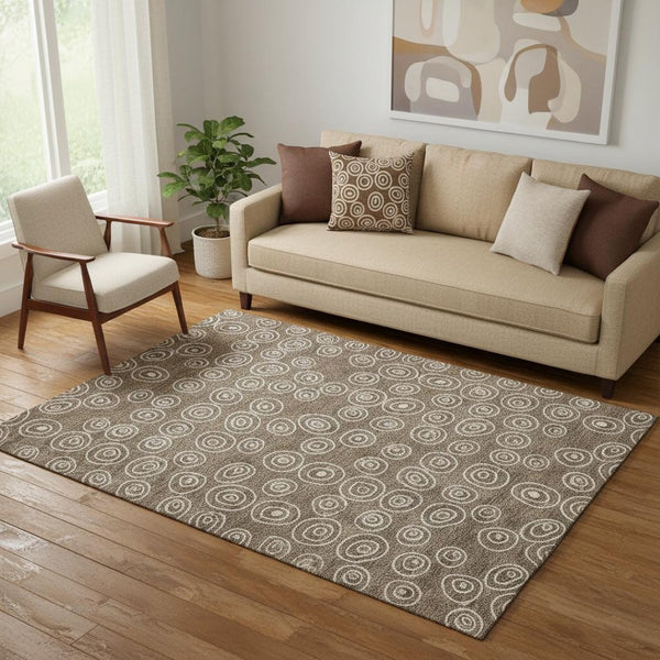 HomeRoots 5' Brown and Ivory Polka Dot Area Rug - Washable, Stain-Resistant, UV-Protected for Everyday Style 661559