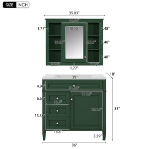 English Elm 36'' Modern Bathroom Vanity with Mirror Cabinet and Sink, Spacious Storage, Soft-Close Doors & Drawers Green SW000134AAF-3