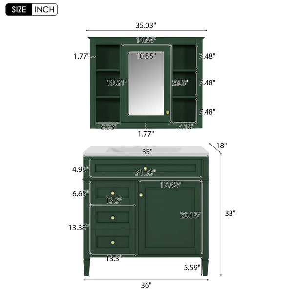 English Elm 36'' Modern Bathroom Vanity with Mirror Cabinet and Sink, Spacious Storage, Soft-Close Doors & Drawers Green SW000134AAF-3