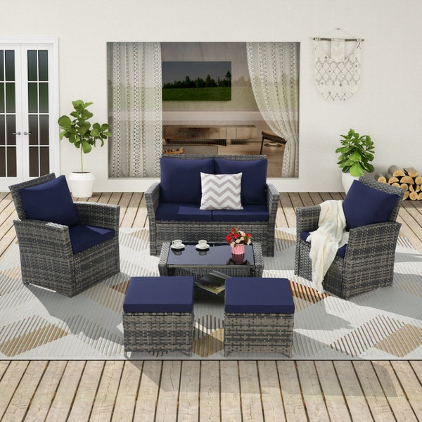 English Elm 6 Piece Outdoor Wicker Sectional with Tempered Glass Table and Weather Resistant Cushions W874P264692