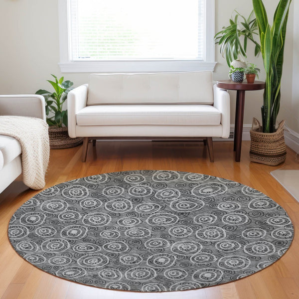 HomeRoots 8' Gray and Silver Polka Dot Washable Round Rug with UV Protection – Stylish, Durable, Easy-Care Design 661572