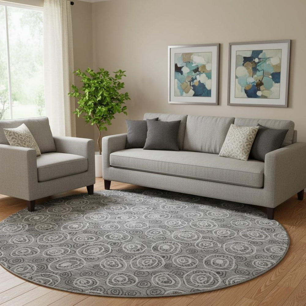 HomeRoots 8' Gray and Silver Polka Dot Washable Round Rug with UV Protection – Stylish, Durable, Easy-Care Design 661572