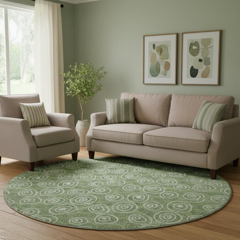 HomeRoots 8' Green & Ivory Polka Dot Washable Round Rug - Durable, UV-Protected, Ideal for Homes with Kids & Pets 661578