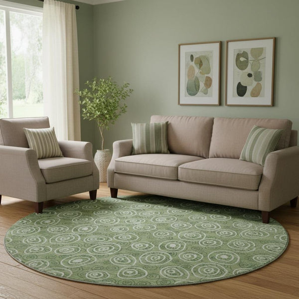 HomeRoots 8' Green & Ivory Polka Dot Washable Round Rug - Durable, UV-Protected, Ideal for Homes with Kids & Pets 661578
