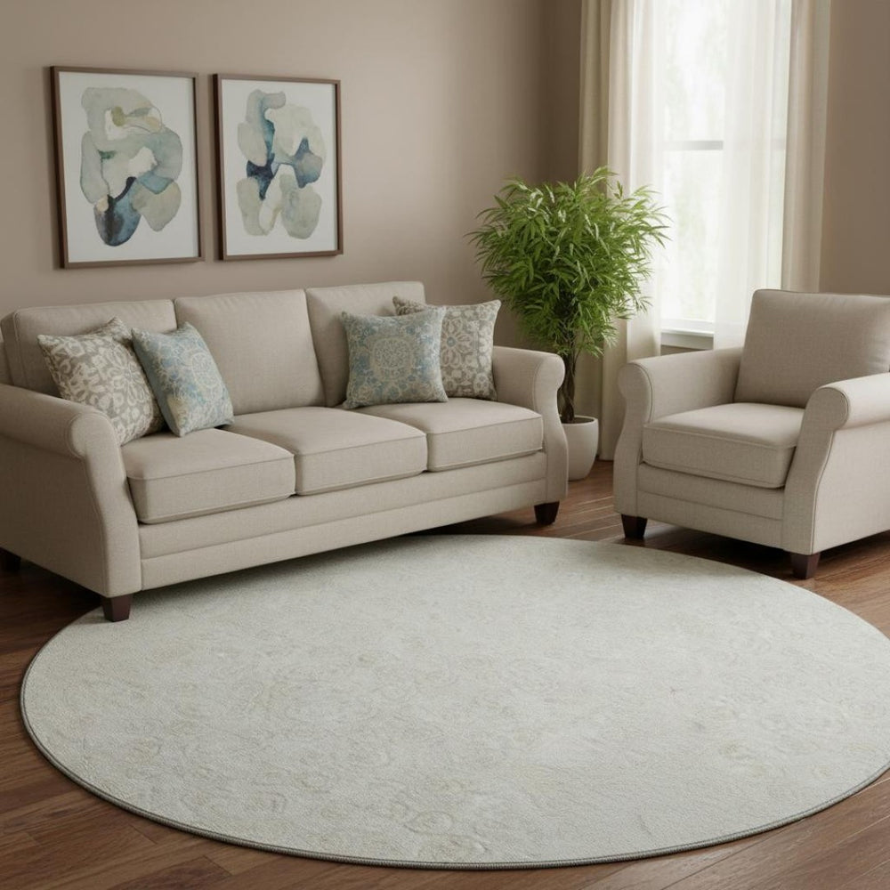 HomeRoots 8' Washable Round Rug in Ivory & Beige Polka Dots - Durable, Stain Resistant & UV Protected Design 661584